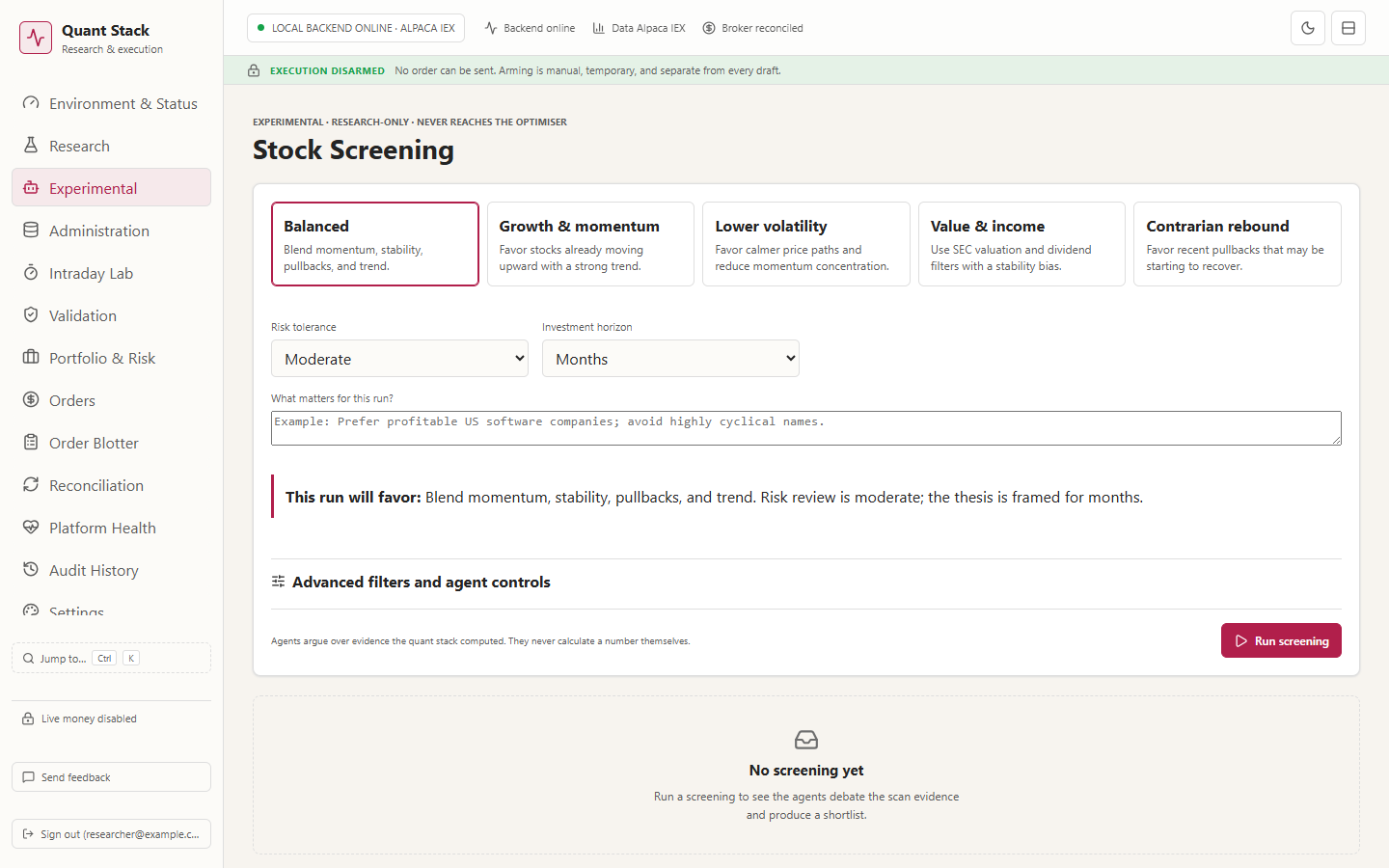 QuantComet stock screening workspace showing research controls and evidence panels